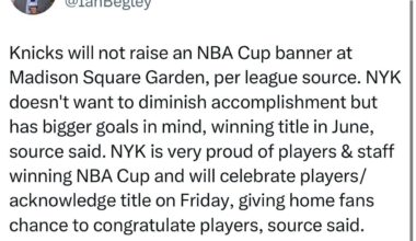 [Begley] Knicks will not raise an NBA Cup banner at Madison Square Garden, per league source. NYK doesn't want to diminish accomplishment but has bigger goals in mind, winning title in June, source said.