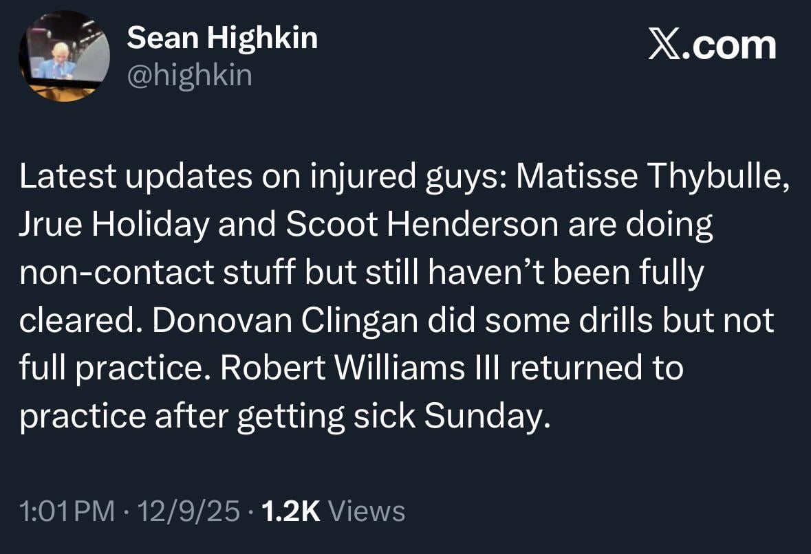 Latest on injury front per Sean