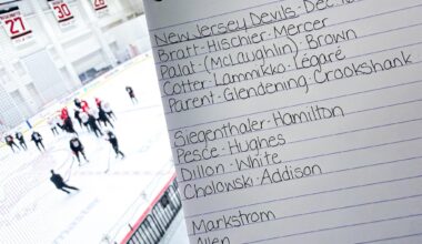 12/16 Practice Lines - Pesce in a normal jersey at practice. Glass and Noesen joined practice late. McLaughlin in non contact jersey but left practice early.