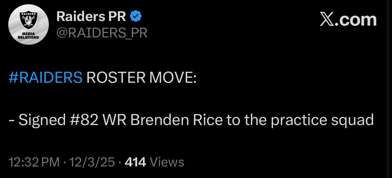[Raiders PR] RAIDERS ROSTER MOVE: - Signed #82 WR Brenden Rice to the practice sq