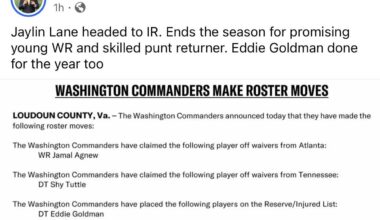Jaylin Lane headed to IR. Ends the season for promising young WR and skilled punt returner. Eddie Goldman done for the year too