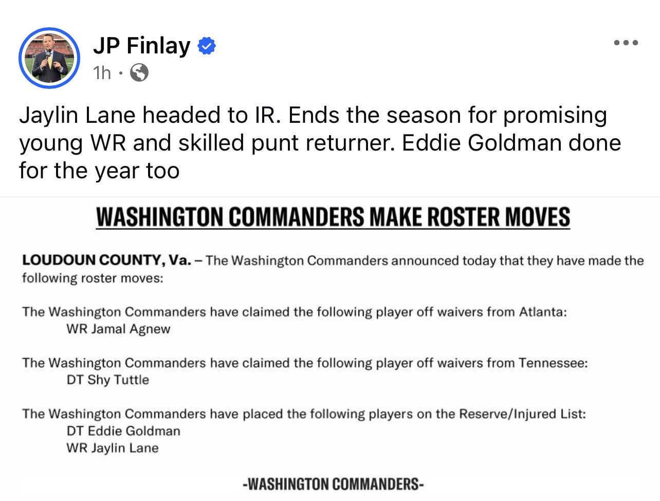 Jaylin Lane headed to IR. Ends the season for promising young WR and skilled punt returner. Eddie Goldman done for the year too