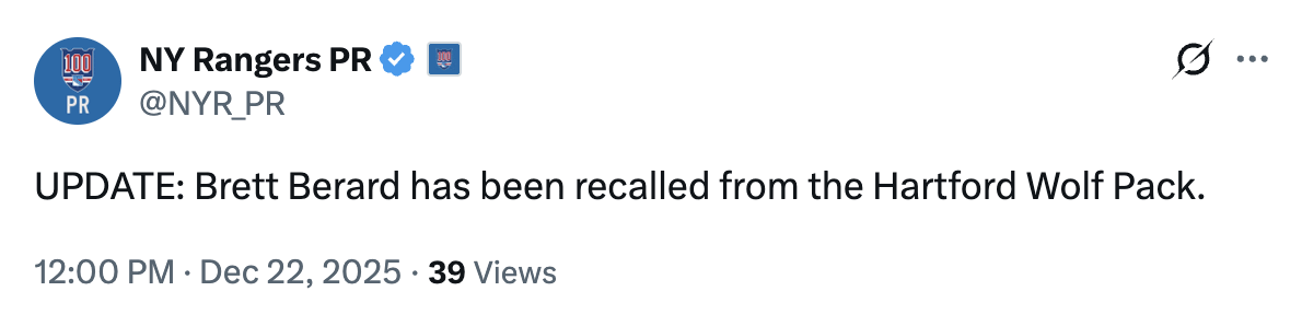 [NY Rangers PR] Brett Berard has been recalled from the Hartford Wolf Pack.