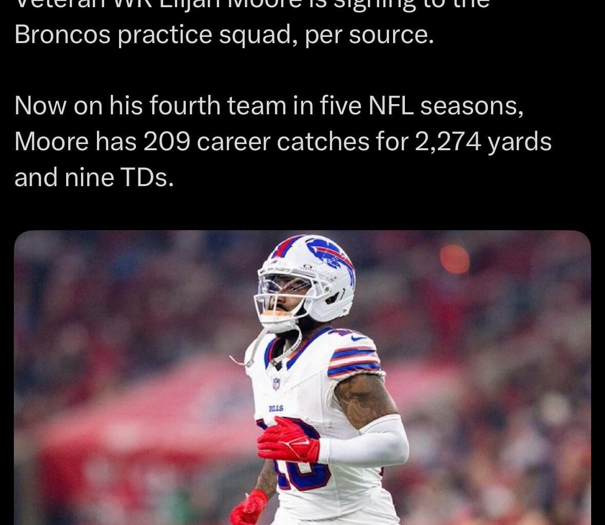 [Pelissero] Veteran WR Elijah Moore is signing to the Broncos practice squad, per source. Now on his fourth team in five NFL seasons, Moore has 209 career catches for 2,274 yards and nine TDs.