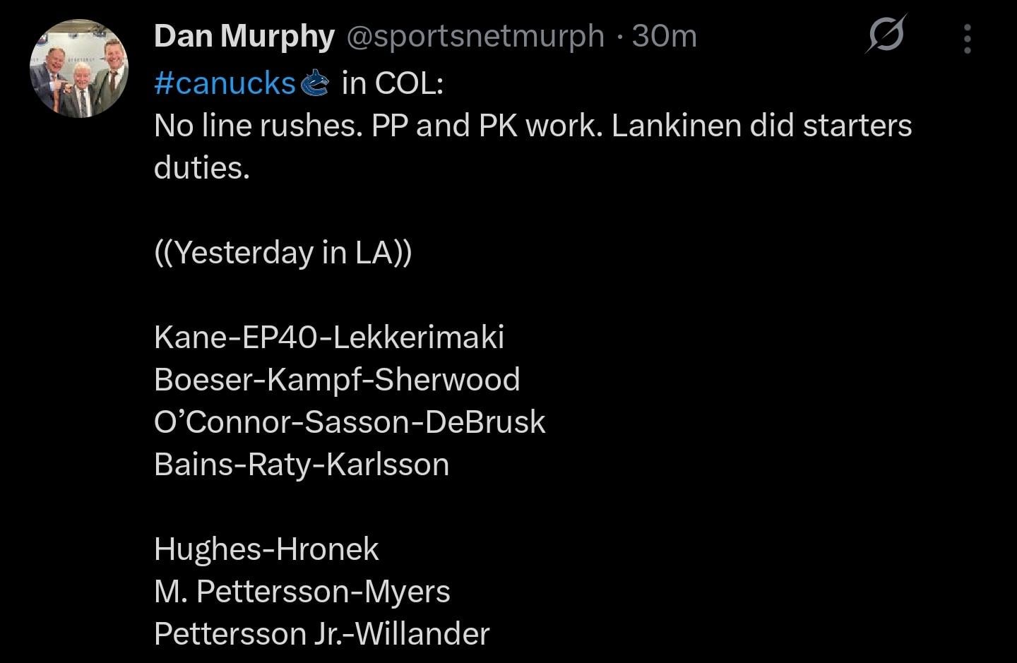 Lines at morning skate + PP & PK @sportsnetmurph [X/Twitter]