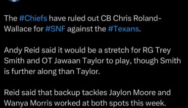 [Sweeney] The #Chiefs have ruled out CB Chris Roland-Wallace for #SNF against the #Texans. Andy Reid said it would be a stretch for RG Trey Smith and OT Jawaan Taylor to play, though Smith is further along than Taylor. Reid said that backup tackles Jaylon Moore and Wanya Morris worked at both spots
