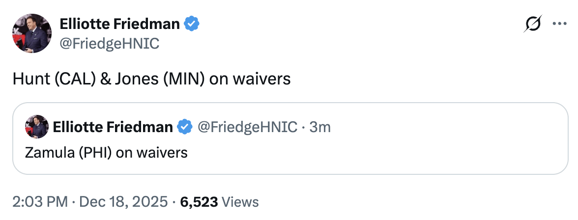 [Friedman] Zamula (PHI), Hunt (CAL), and Jones (MIN) on waivers