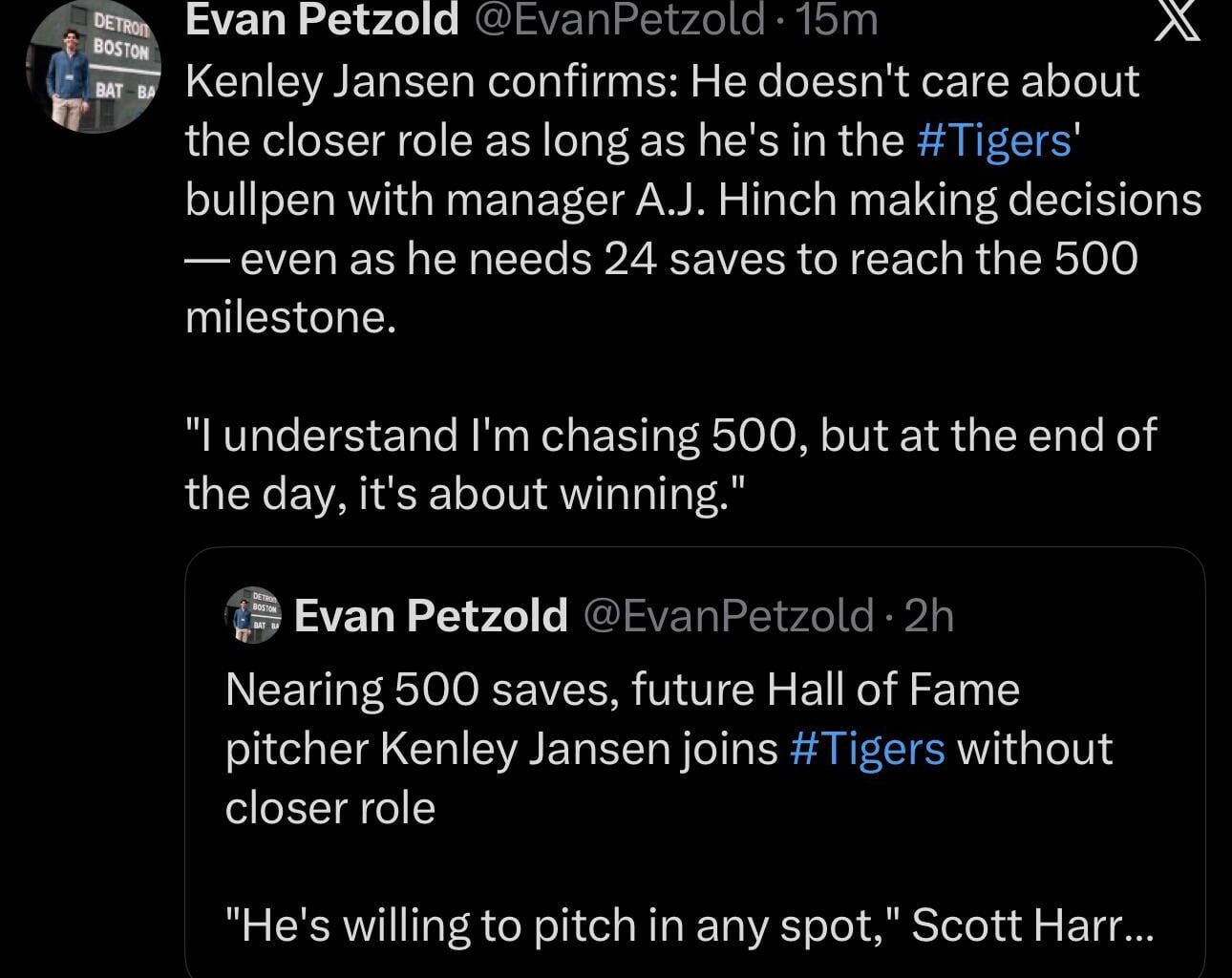 Jansen hasn't been given the Closer role: "He's willing to pitch in any spot," Scott Harris said. "He just wants to be in a winning environment. And he was really attracted to Detroit as a destination."