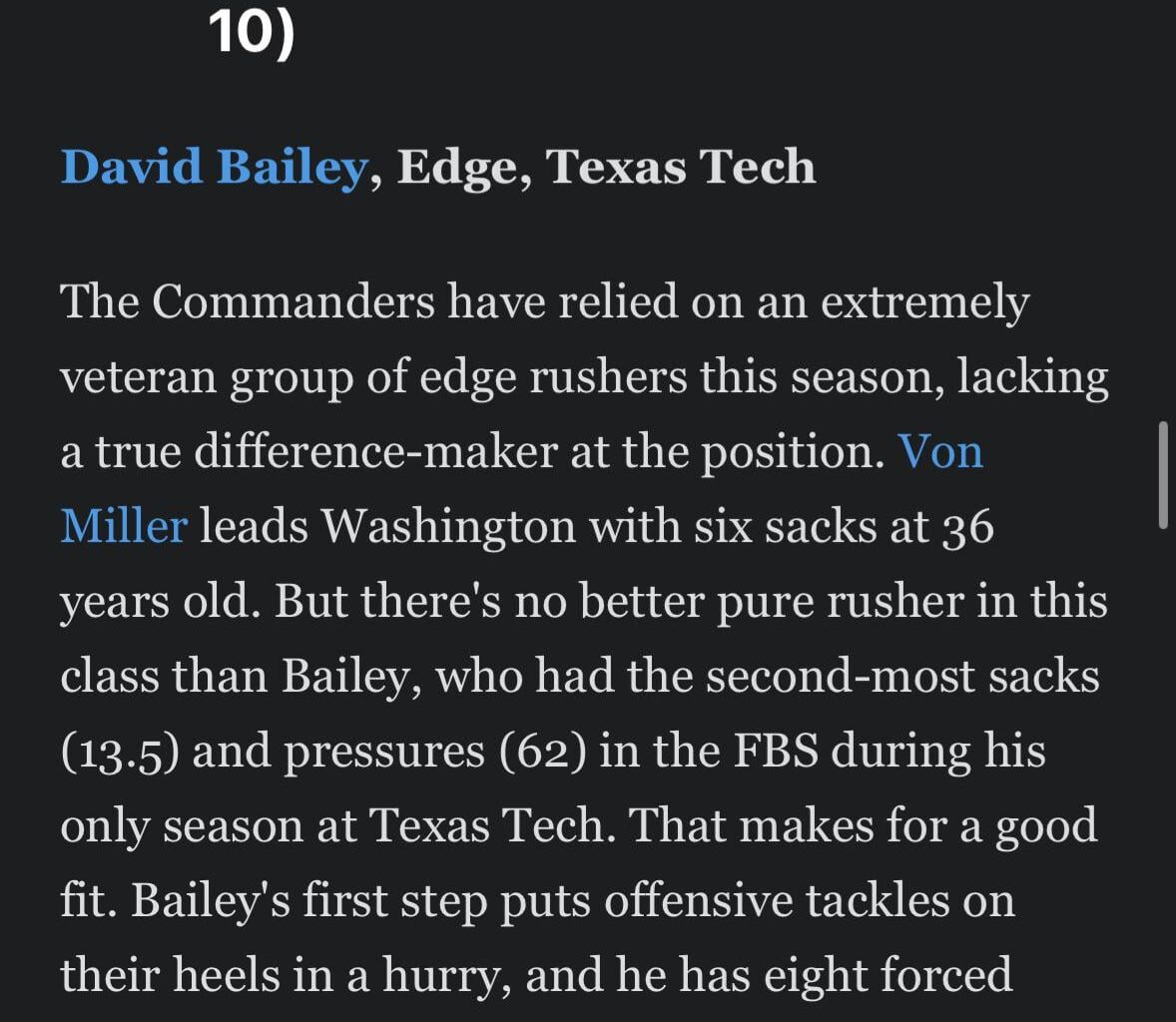 ESPN Mock Draft: Commanders select David Bailey (Field Yates)