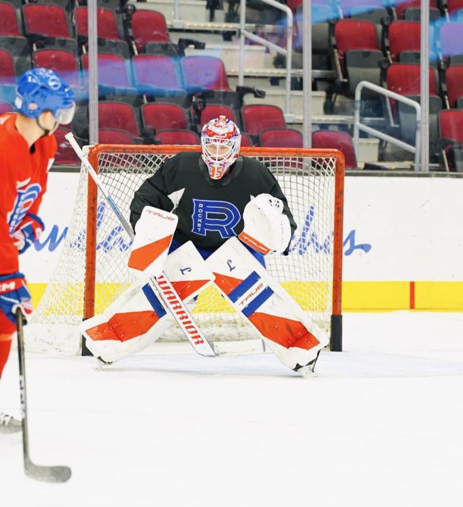 Sam Montembeault at practice with the Laval Rocket today