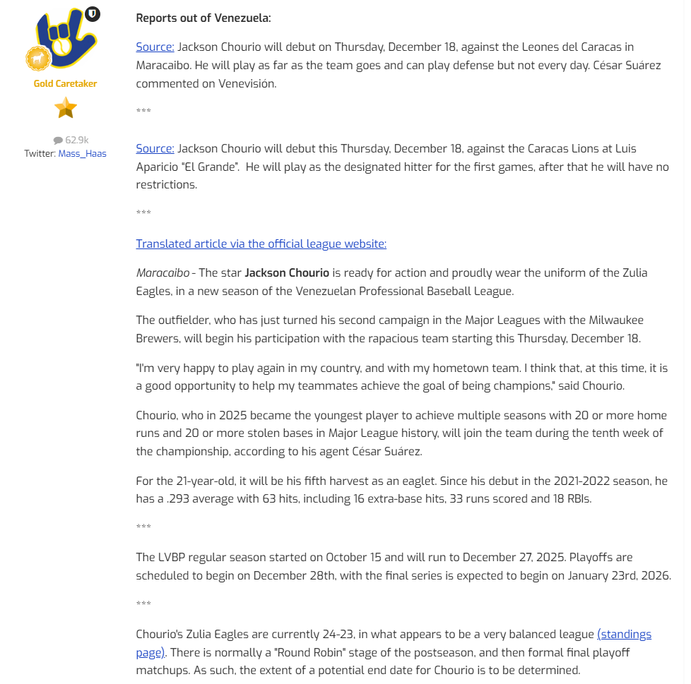 [Via Brewerfanatic] Jackson Chourio will debut this Thurs. Dec 18, against the Caracas Lions at Luis Aparicio “El Grande”. He will play as the designated hitter for the first games, after that he will have no restrictions.