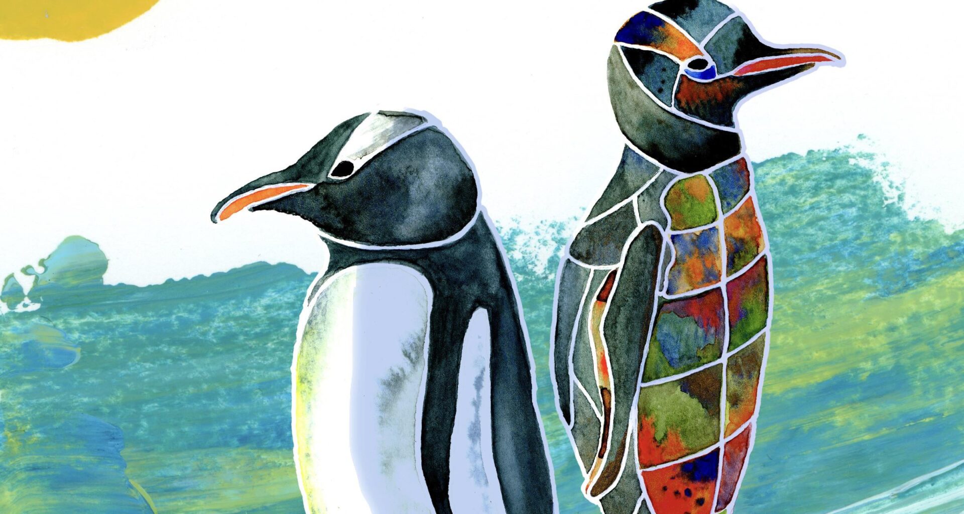 Two penguins, same species, different colors. Mixed media about diversity & acceptance. 🐧🌈