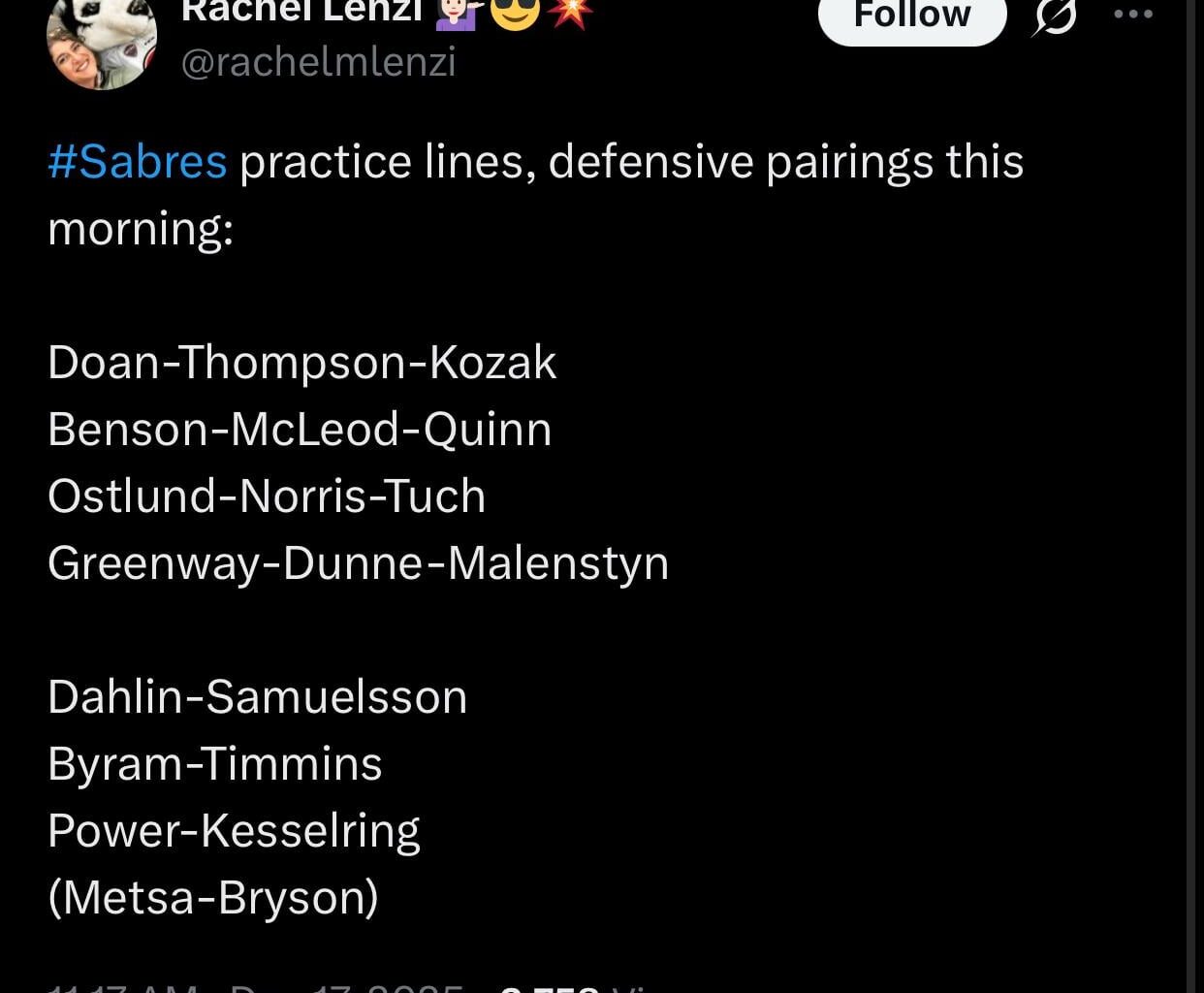 [Rachel Lenzi] Sabres practice lines, defensive pairings this morning: