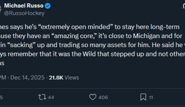 [Michael Russo] Hughes says he’s “extremely open minded” to stay here long-term because they have an “amazing core,” it’s close to Michigan and for Guerin “sacking” up and trading so many assets for him. He said he will always remember that it was the Wild that stepped up and not other teams.