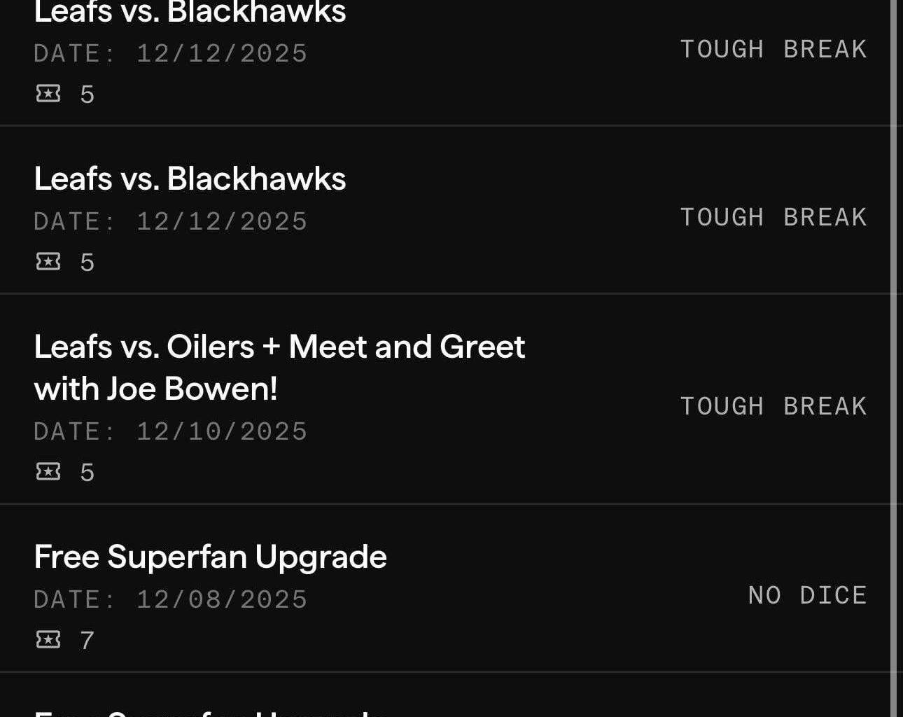 Has anyone won anything from the “Fan Access” on the app?