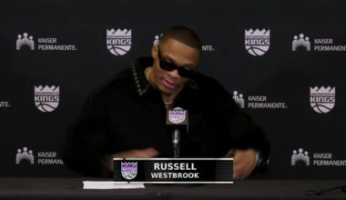 Russell Westbrook super hyped at the postgame conference, after the win against the Rockets.

He cannot contain himself.