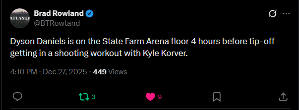[Brad Rowland] Dyson Daniels is on the State Farm Arena floor 4 hours before tip-off getting in a shooting workout with Kyle Korver.