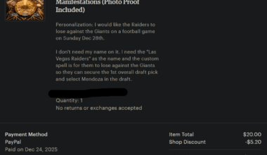 I paid an Etsy witch so the Raiders can out tank the Giants in the 2025 Tank Bowl