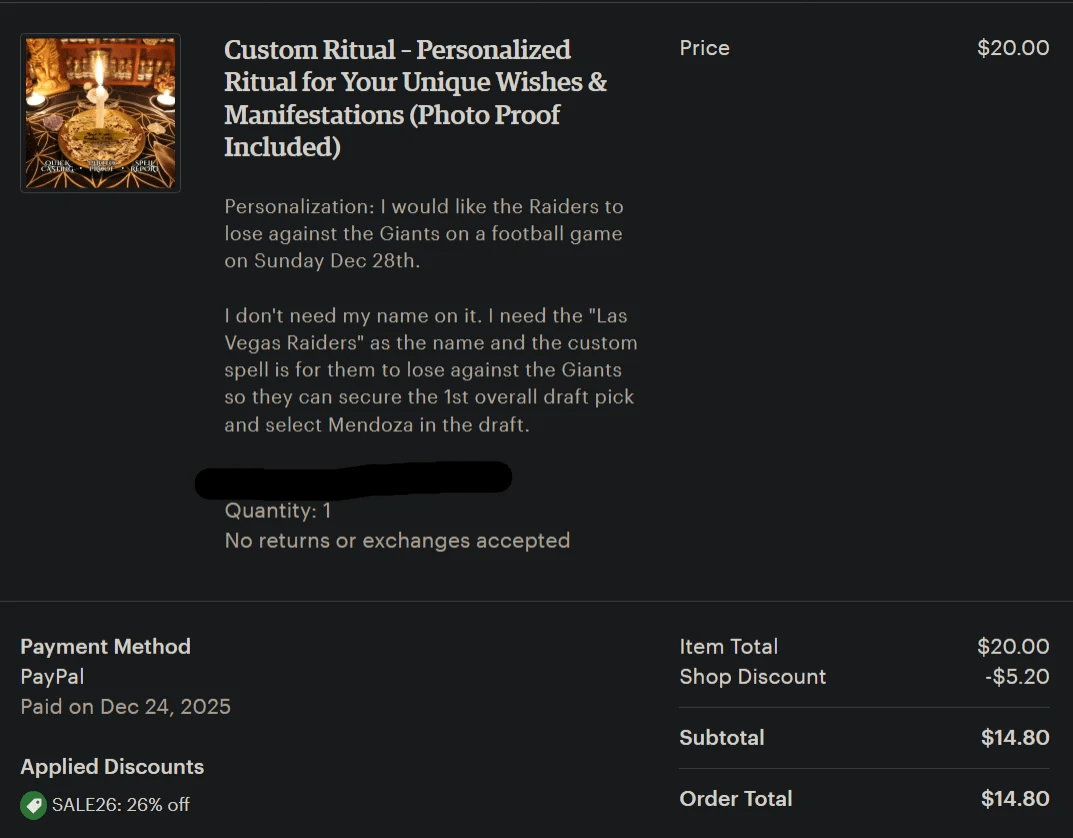 I paid an Etsy witch so the Raiders can out tank the Giants in the 2025 Tank Bowl