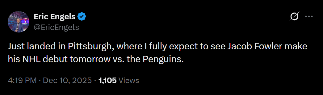 [Engels] I fully expect to see Jacob Fowler make his NHL debut tomorrow vs. the Penguins