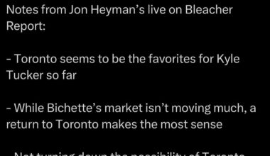 [SleeperBlueJays] Notes from Jon Heyman: Toronto seems to be the favorites for Tucker so far. While Bichette’s market isn’t moving much, a return to Toronto makes the most sense. Not turning down the possibility of Toronto spending $600 million between Tucker and Bichette