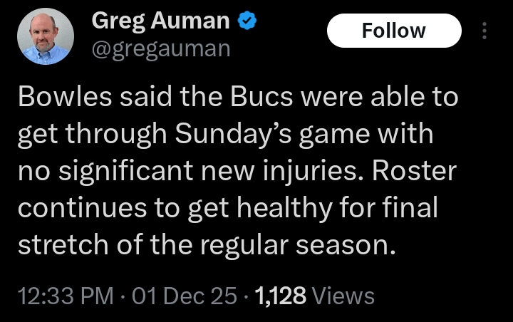 Bowles said the Bucs were able to get through Sunday’s game with no significant new injuries. Roster continues to get healthy for final stretch of the regular season.