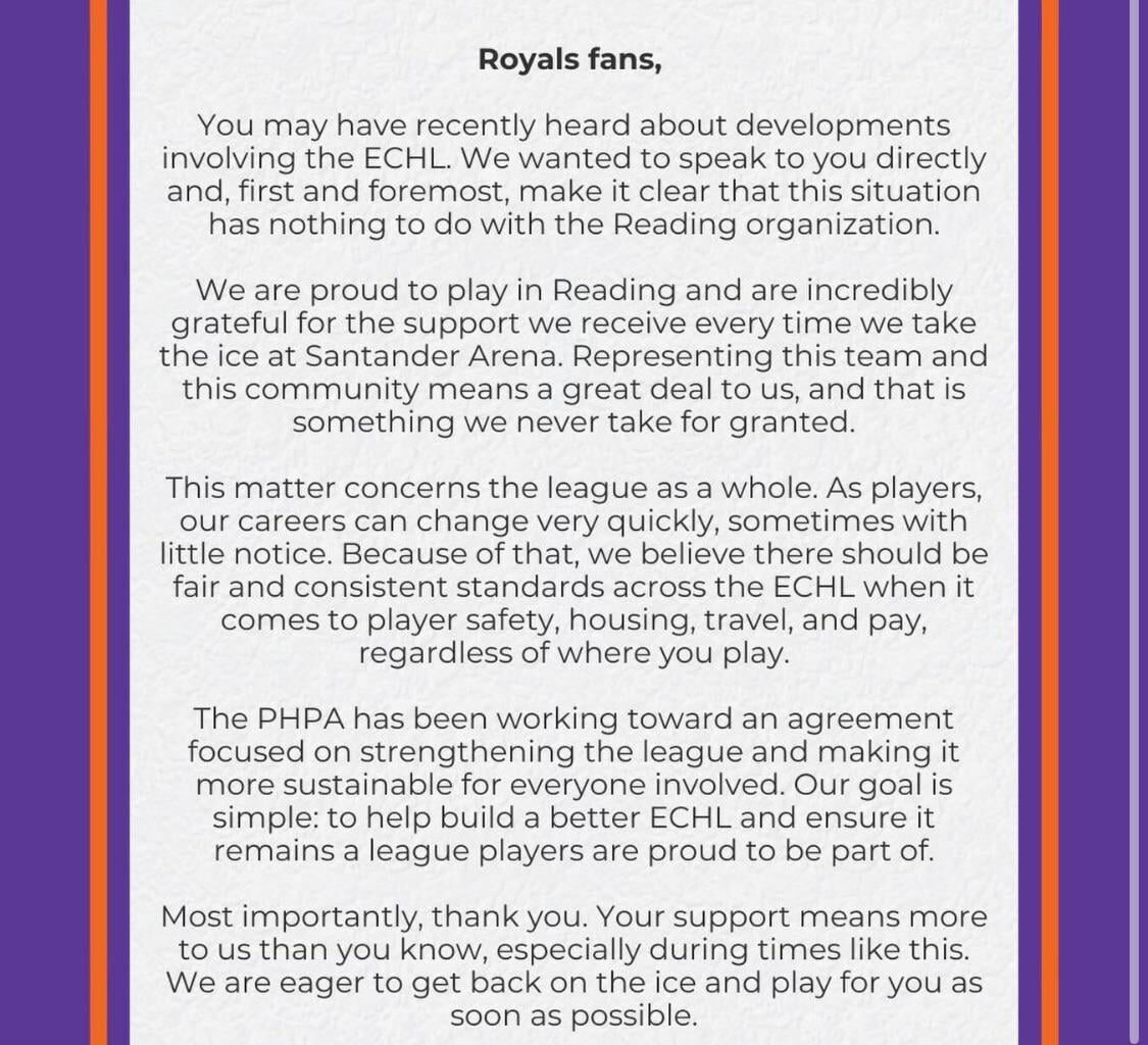 A statement from the Reading Royals players to the fans about the imminent ECHL players strike.