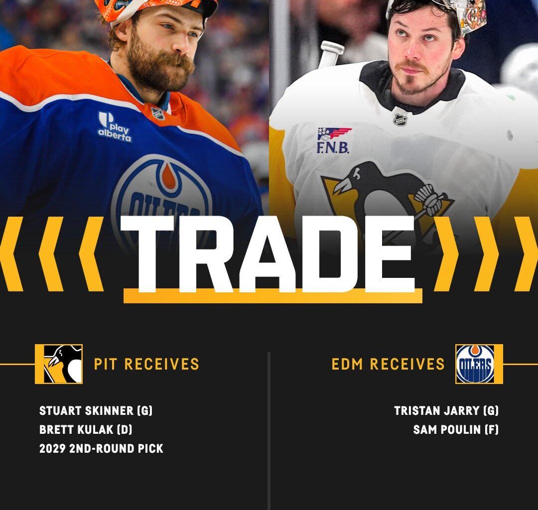 [Penguins] The Penguins have acquired goaltender Stuart Skinner, defenseman Brett Kulak, and the Edmonton Oilers 2029 second-round draft pick in exchange for goaltender Tristan Jarry and forward Sam Poulin.