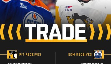 [Penguins] The Penguins have acquired goaltender Stuart Skinner, defenseman Brett Kulak, and the Edmonton Oilers 2029 second-round draft pick in exchange for goaltender Tristan Jarry and forward Sam Poulin.
