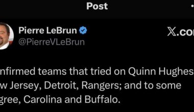[LeBrun] Confirmed teams that tried on Quinn Hughes: New Jersey, Detroit, Rangers; and to some degree, Carolina and Buffalo.