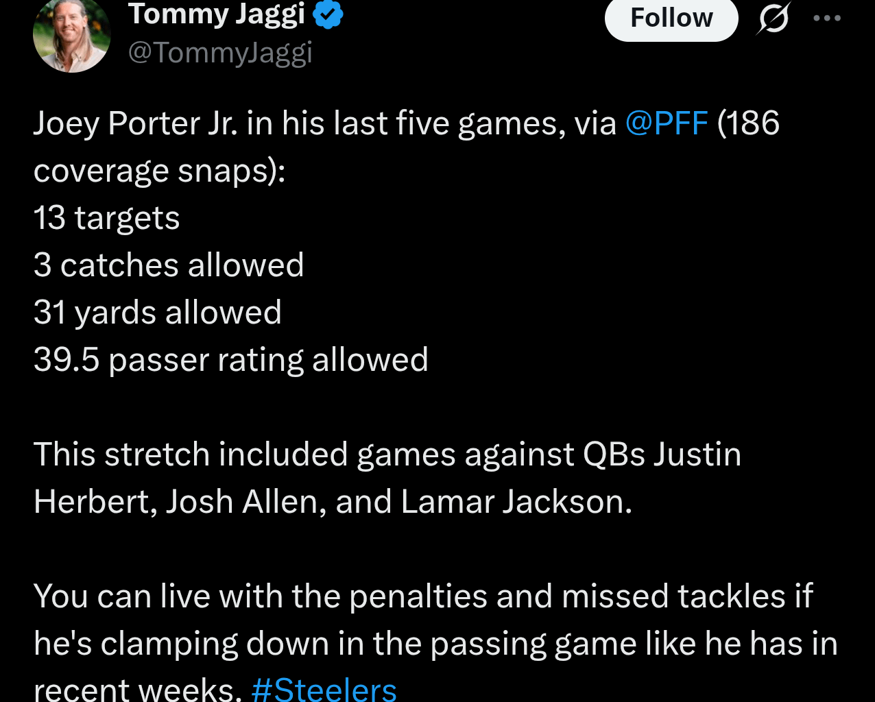 JPJ is a true #1 corner. Now to fix the run D with Harmon back