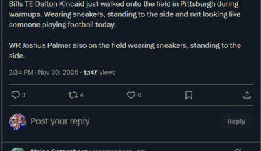 Bills TE Dalton Kincaid just walked onto the field in Pittsburgh during warmups. Wearing sneakers, standing to the side and not looking like someone playing football today. 

WR Joshua Palmer also on the field wearing sneakers, standing to the side.