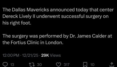 [MavsPR] The Dallas Mavericks announced today that center Dereck Lively II underwent successful surgery on his right foot. The surgery was performed by Dr. James Calder at the Fortius Clinic in London.