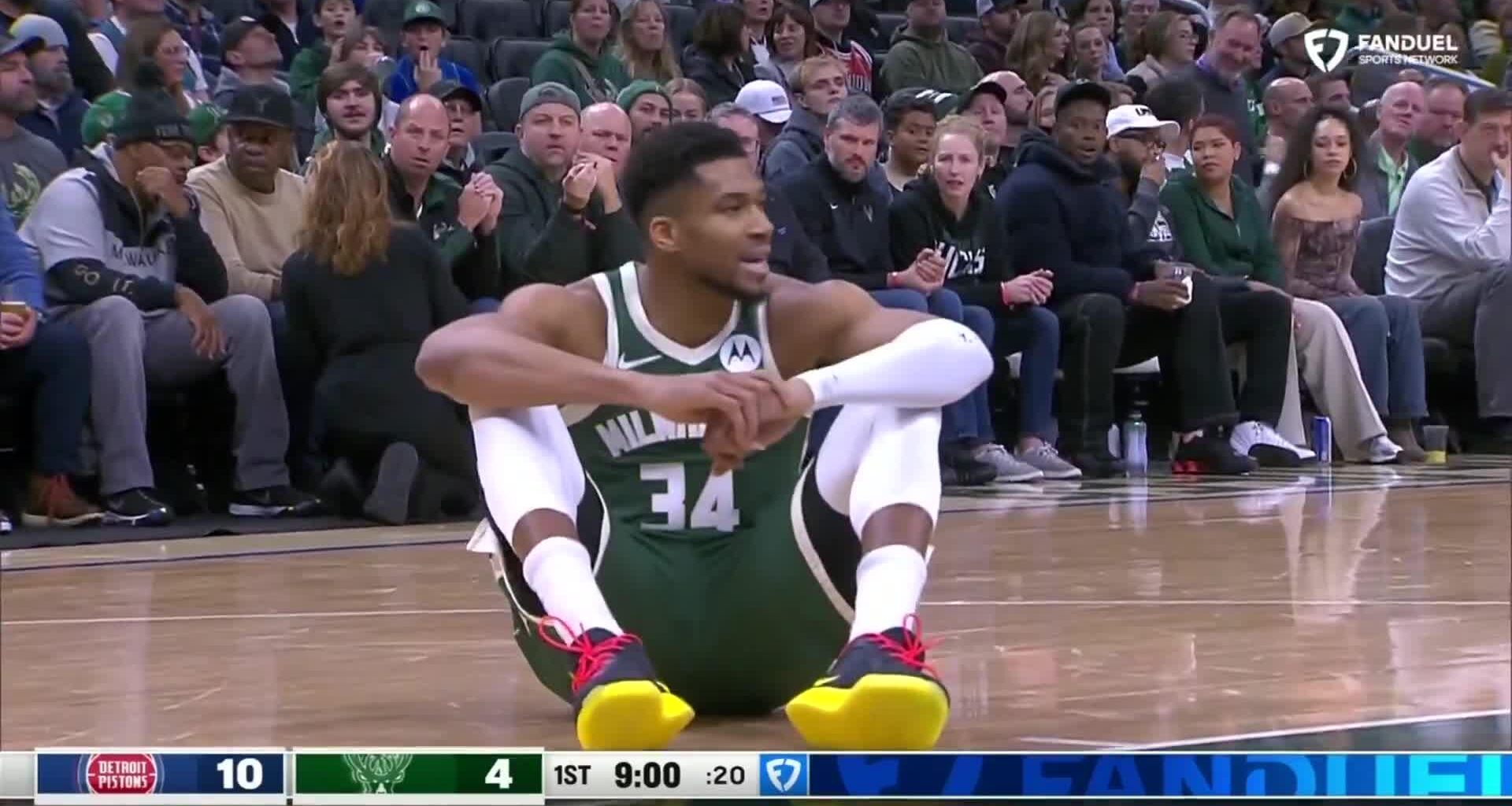 [Injury] Giannis Antetokounmpo appears to suffer a non-contact leg injury early in the game against the Pistons. He walked to the locker room on his own power.
