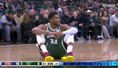 [Injury] Giannis Antetokounmpo appears to suffer a non-contact leg injury early in the game against the Pistons. He walked to the locker room on his own power.