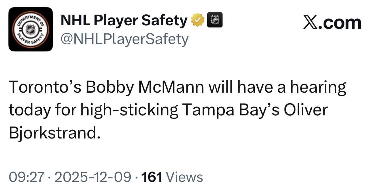 [DoPES] Toronto’s Bobby McMann will have a hearing today for high-sticking Tampa Bay’s Oliver Bjorkstrand.