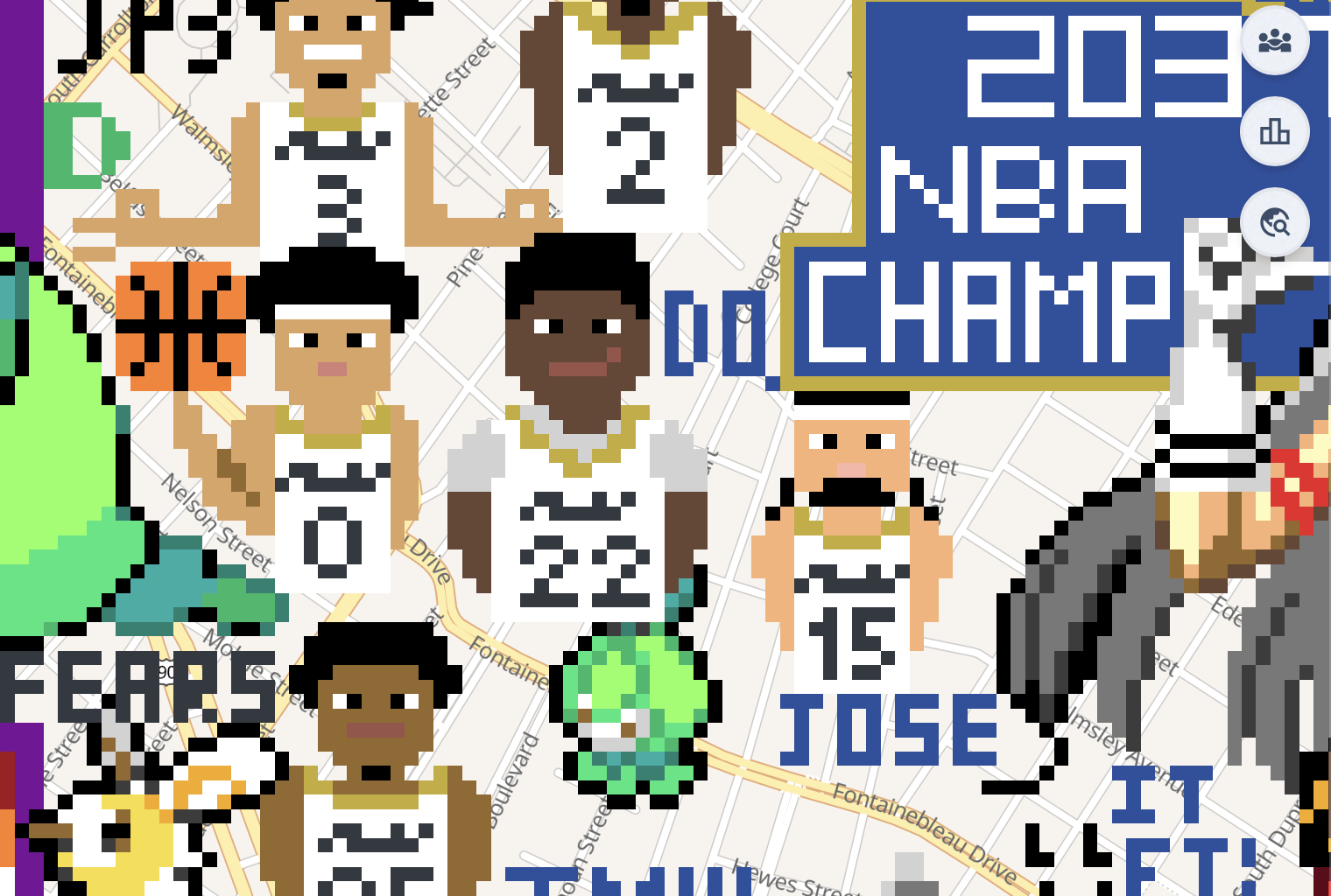 some 8bit art I made on Wplace of Poole, Fears, Herb, Queen, Trey, and Jose.