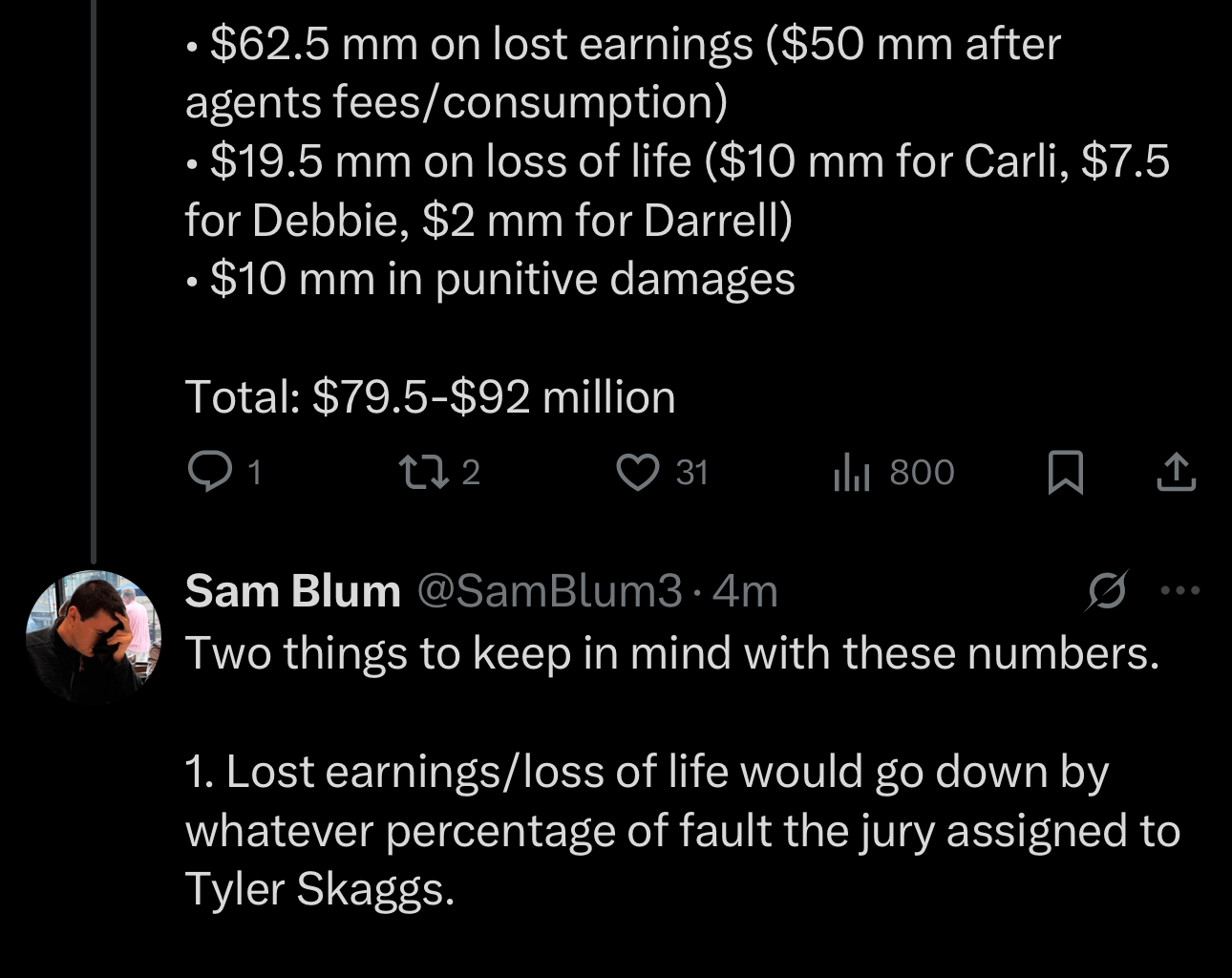 Some insight from Blum on what the jury was planning to award in the Skaggs trial.