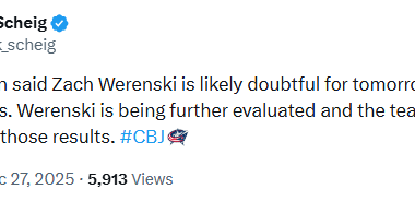 Per Scheig, Werenski is doubtful for Sunday but Olivier could play