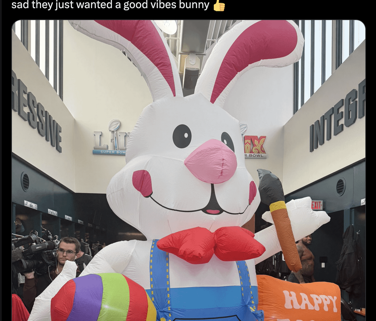 [Sullivan] The Eagles have installed the “positivity rabbit” into the locker room It showed up today and the offensive line stressed to me they are not sad they just wanted a good vibes bunny