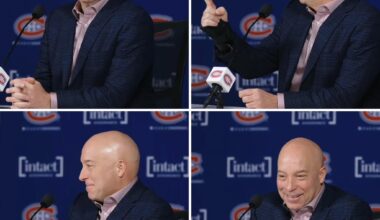 Kent Hughes starting his press conference today: “Are there always lights like this?” Chantal Machabée: “Yes, it’s for TV.” Kent Hughes: “It’s better when you have hair.”