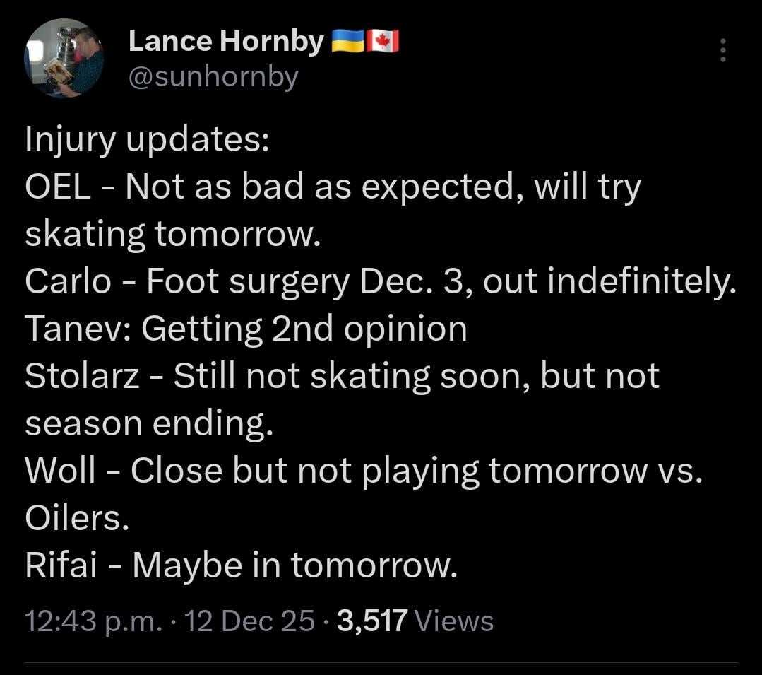[Lance Hornby] Injury updates: