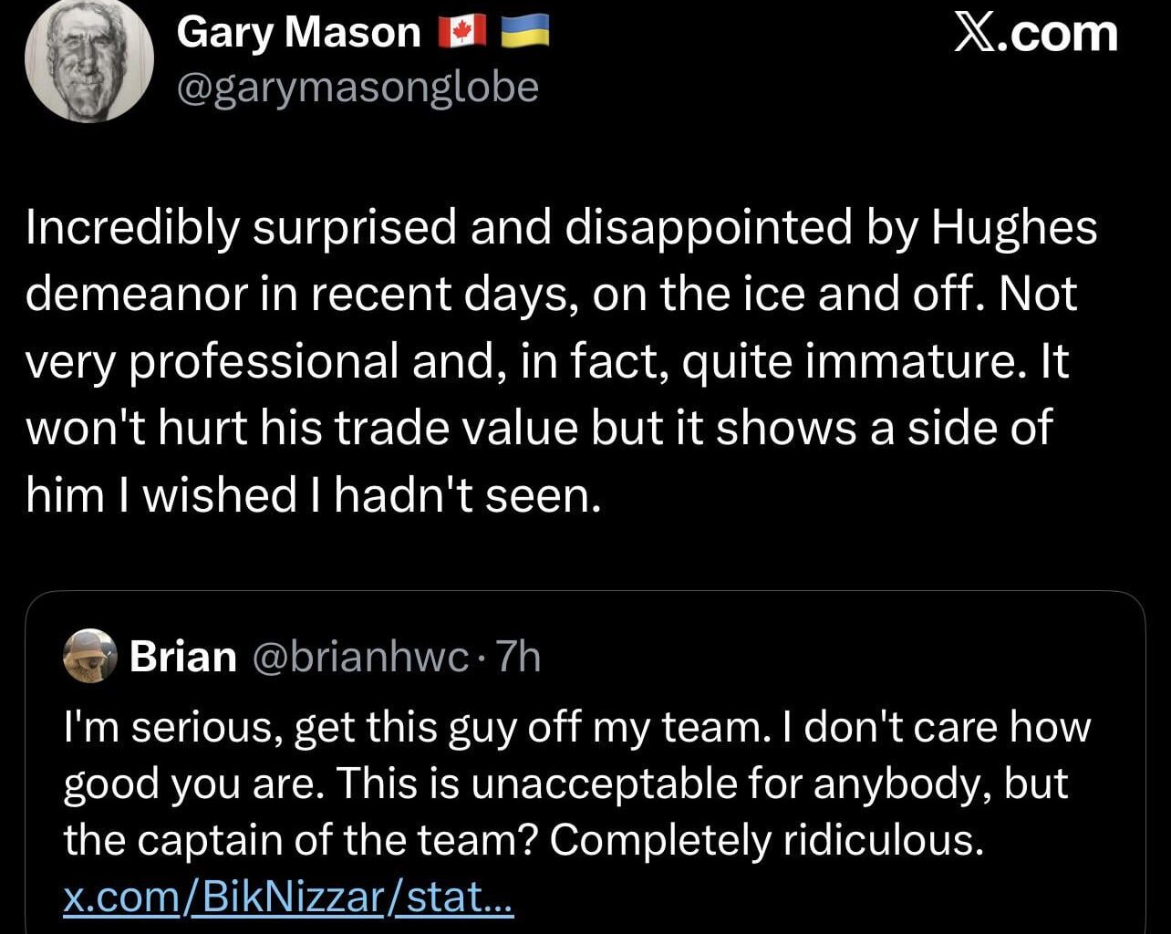 Gary Mason from the top rope on Quinn Hughes and his behaviour recently.