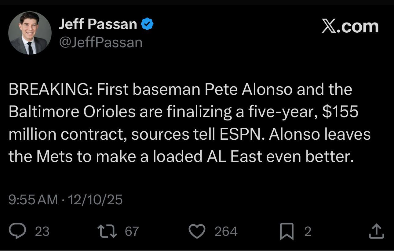 [Passan] Pete Alonso to the Baltimore Orioles. 5 years/$155 million.