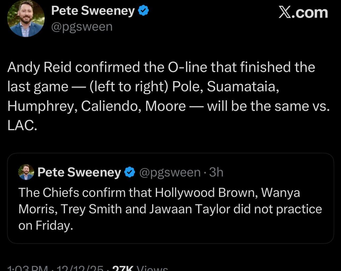 [Sweeney] Andy Reid confirmed the O-line that finished the last game — (left to right) Pole, Suamataia, Humphrey, Caliendo, Moore — will be the same vs. LAC.