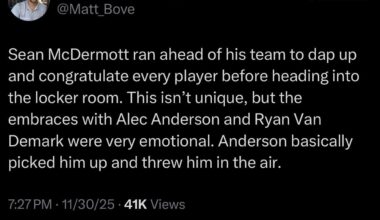 Sean McDermott ran ahead of his team to dap up and congratulate every player before heading into the locker room. This isn’t unique, but the embraces with Alec Anderson and Ryan Van Demark were very emotional. Anderson basically picked him up and threw him in the air.