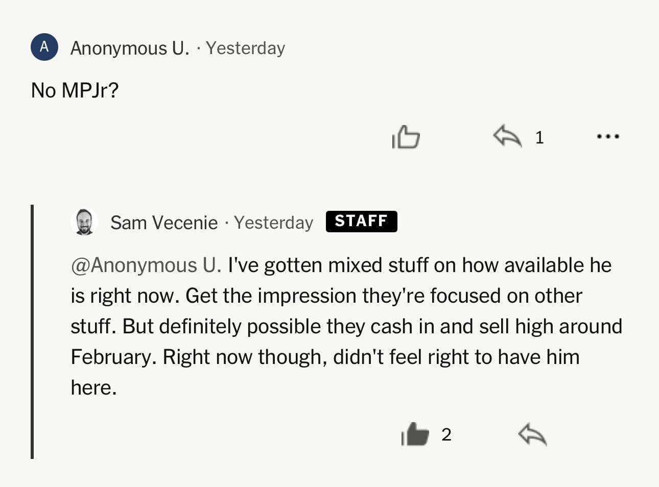 [Vecenie] “I’ve gotten mixed stuff on how available (MPJ) is right now. Get the impression (the Nets) are focused on other stuff.”