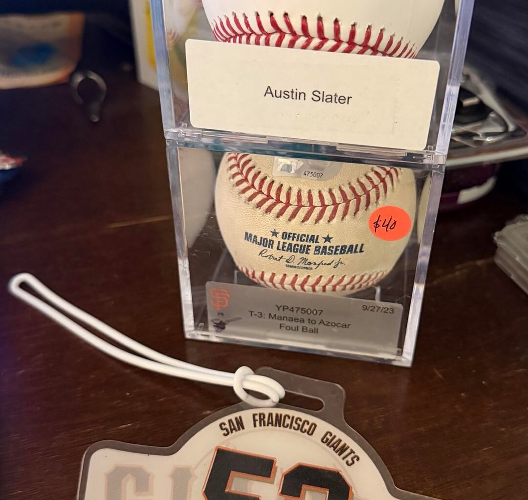 Cleaning out my collectibles and wanted to offer these to anyone interested. Austin Slater signed ball, foul ball from Sean Manaea pitch in 2023, and a baggage tag from Dominic Leone in 2021.