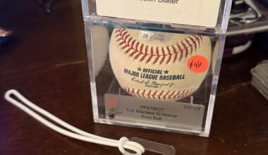 Cleaning out my collectibles and wanted to offer these to anyone interested. Austin Slater signed ball, foul ball from Sean Manaea pitch in 2023, and a baggage tag from Dominic Leone in 2021.