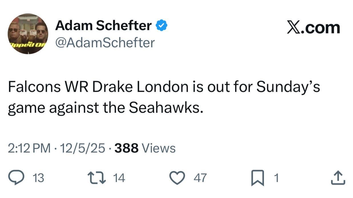 [Schefter] Falcons WR Drake London is out for Sunday’s game against the Seahawks.